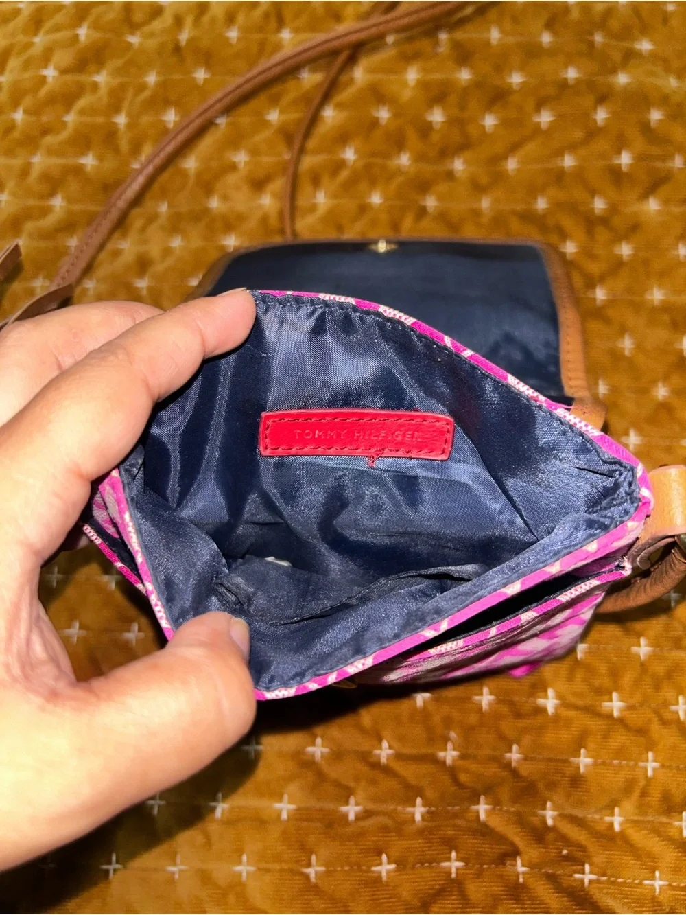 Tommy Hilfiger Pink Crossbody Phone Bag with Tan Trim